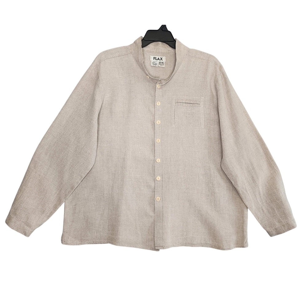 FLAX Linen Button Shirt Large Beige Mandarin Collar Relaxed Lagenlook Coastal